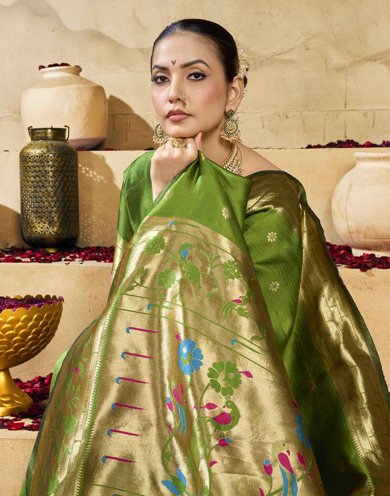 Parrot Green Silk Woven Paithani Saree