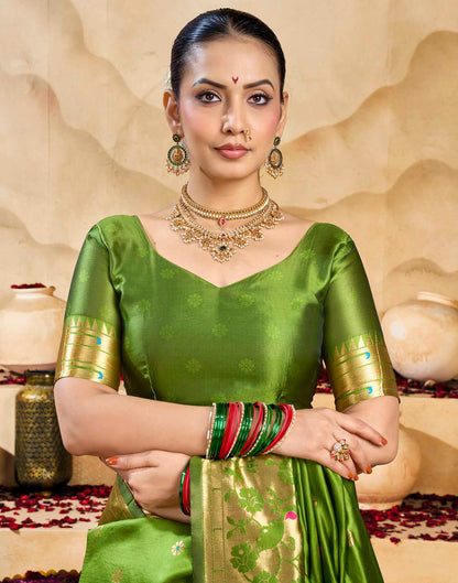 Parrot Green Silk Woven Paithani Saree