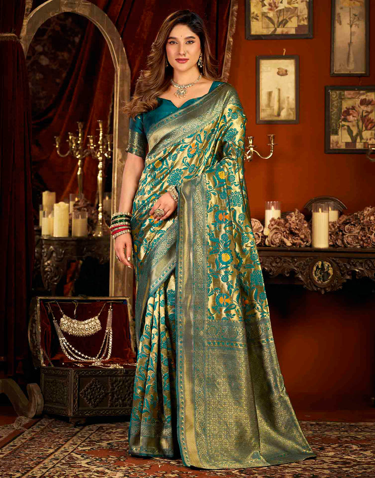 Teal Blue Silk Woven Banarasi Saree