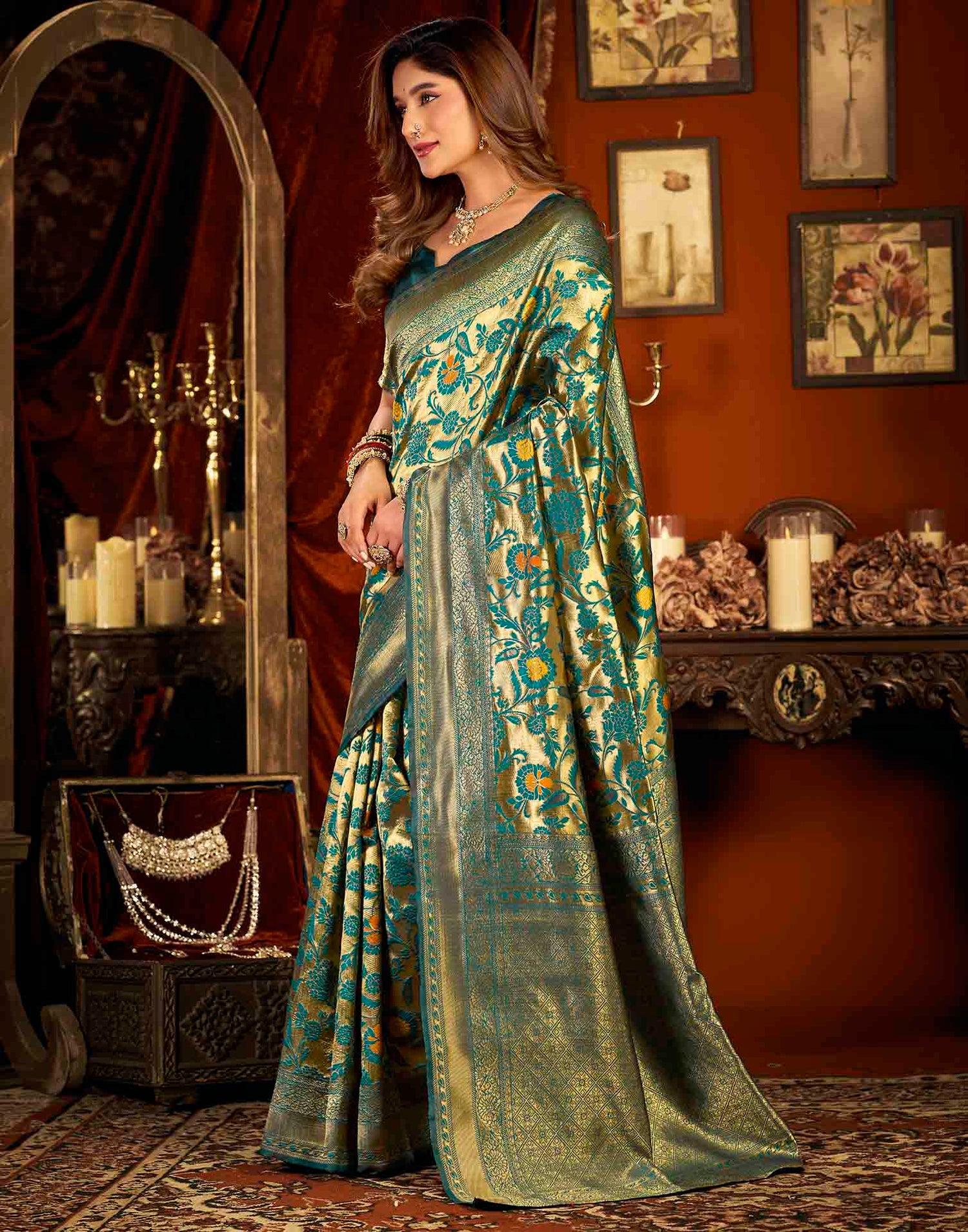 Teal Blue Silk Woven Banarasi Saree