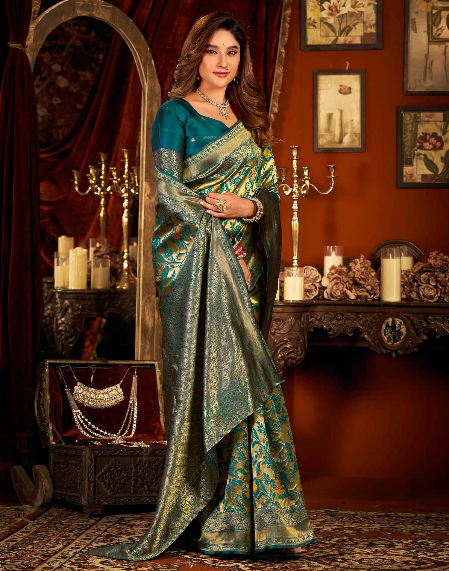 Teal Blue Silk Woven Banarasi Saree