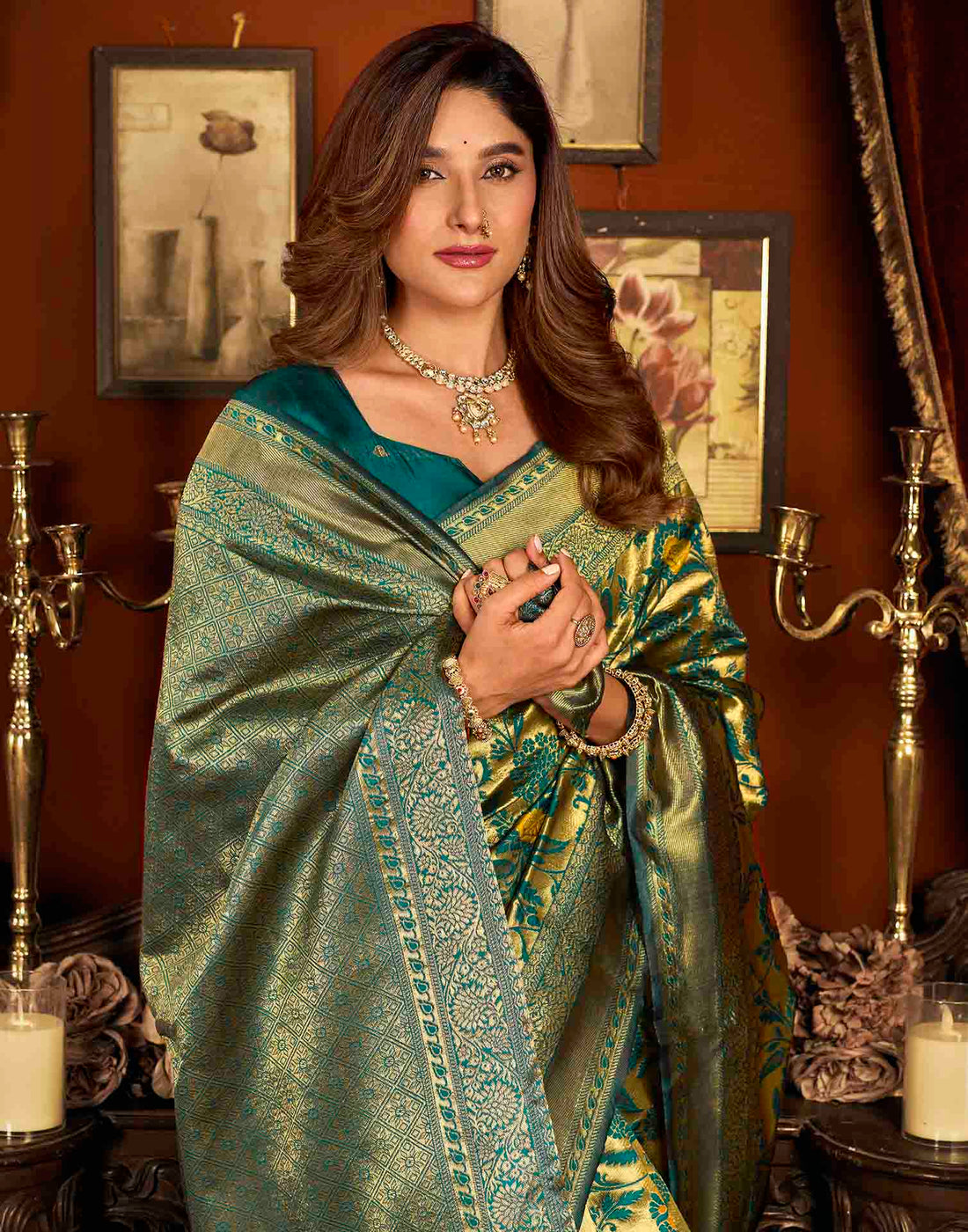 Teal Blue Silk Woven Banarasi Saree