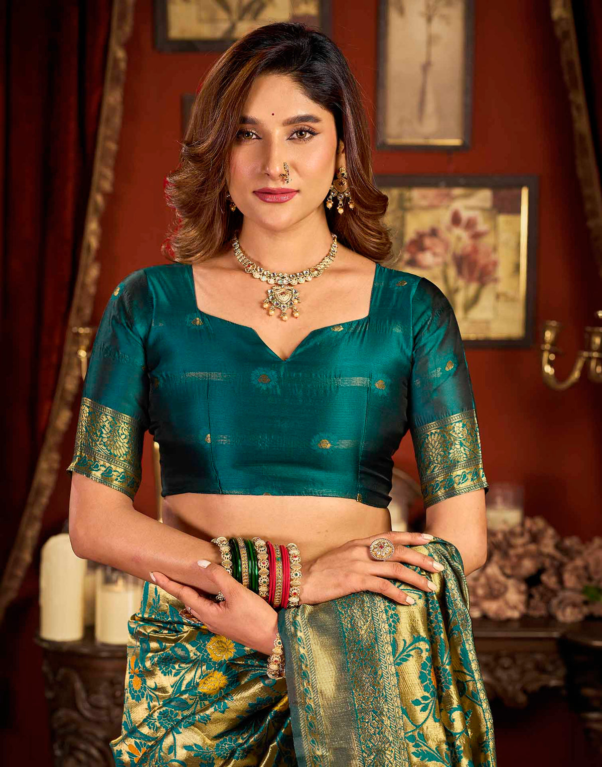 Teal Blue Silk Woven Banarasi Saree