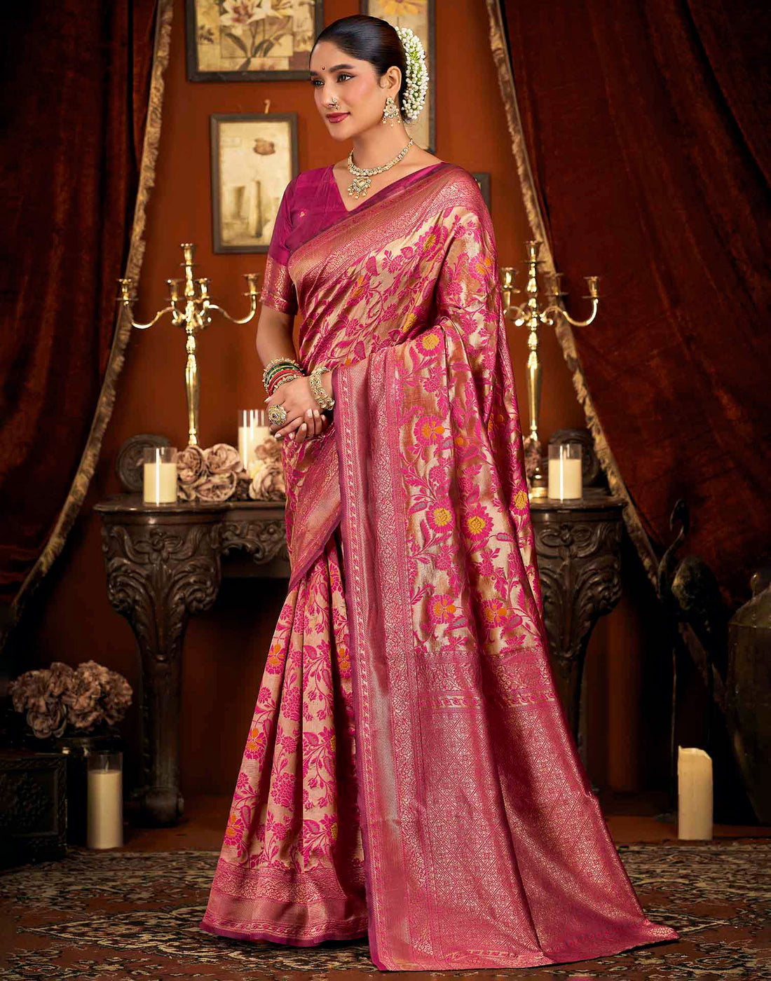 Pink Silk Woven Banarasi Saree