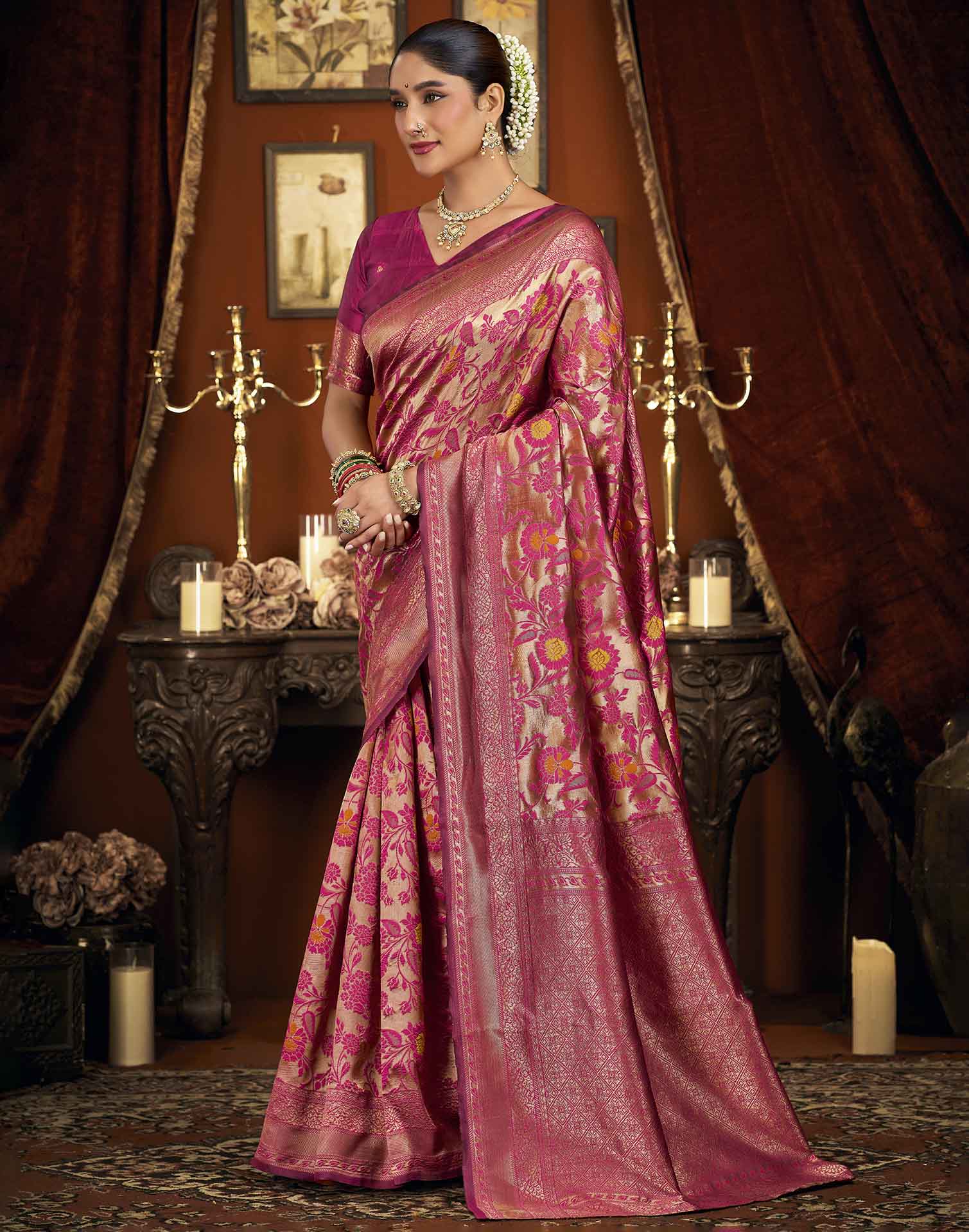 Pink Silk Woven Banarasi Saree