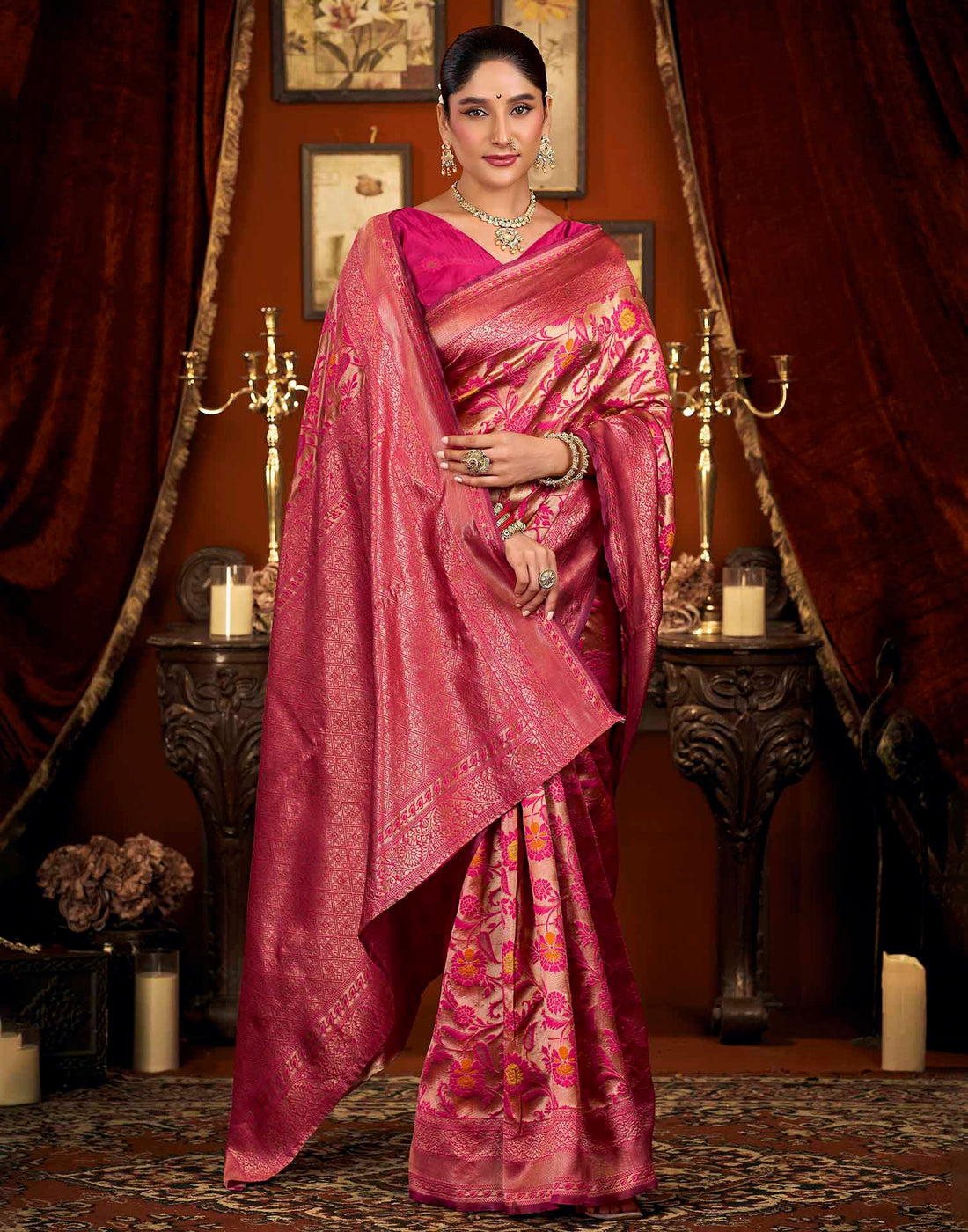 Pink Silk Woven Banarasi Saree