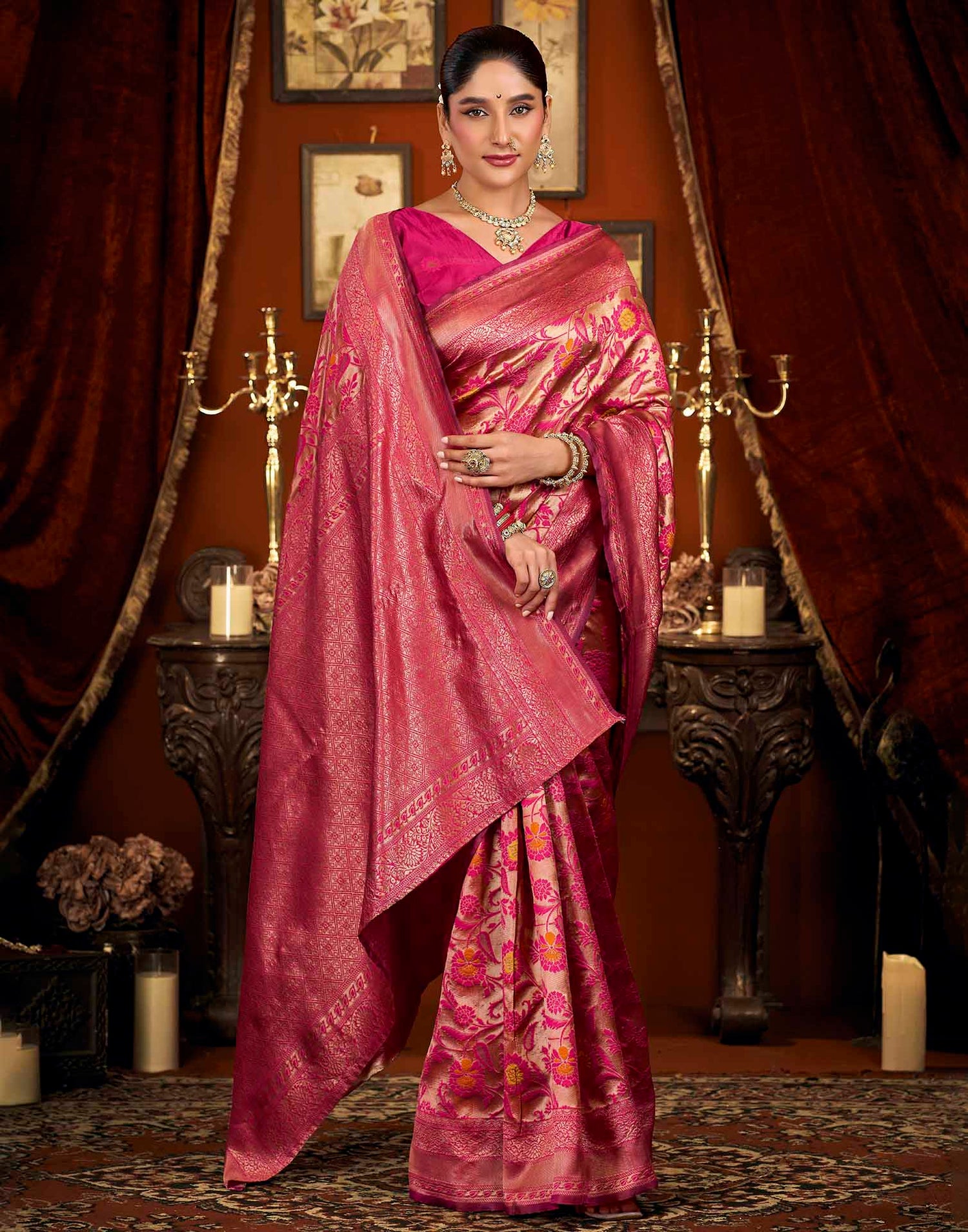 Pink Silk Woven Banarasi Saree