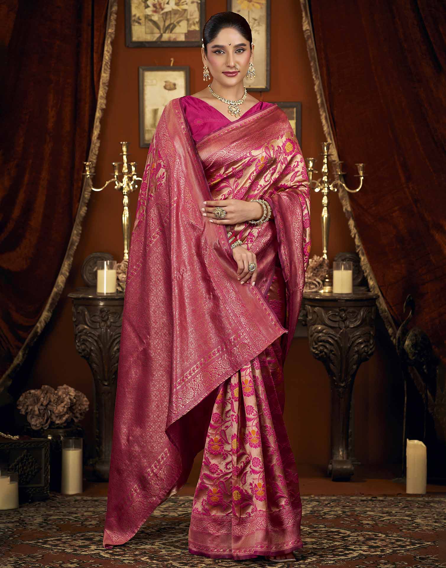 Pink Silk Woven Banarasi Saree
