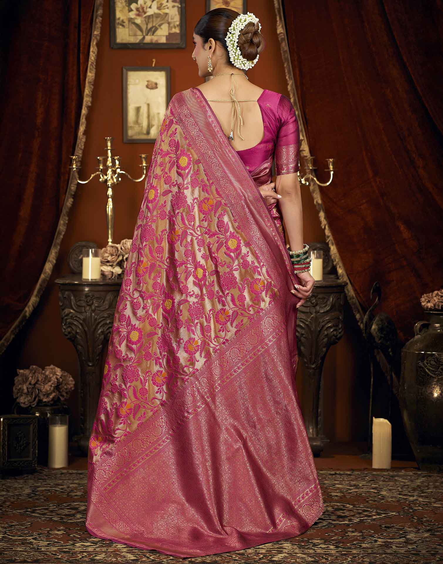 Pink Silk Woven Banarasi Saree