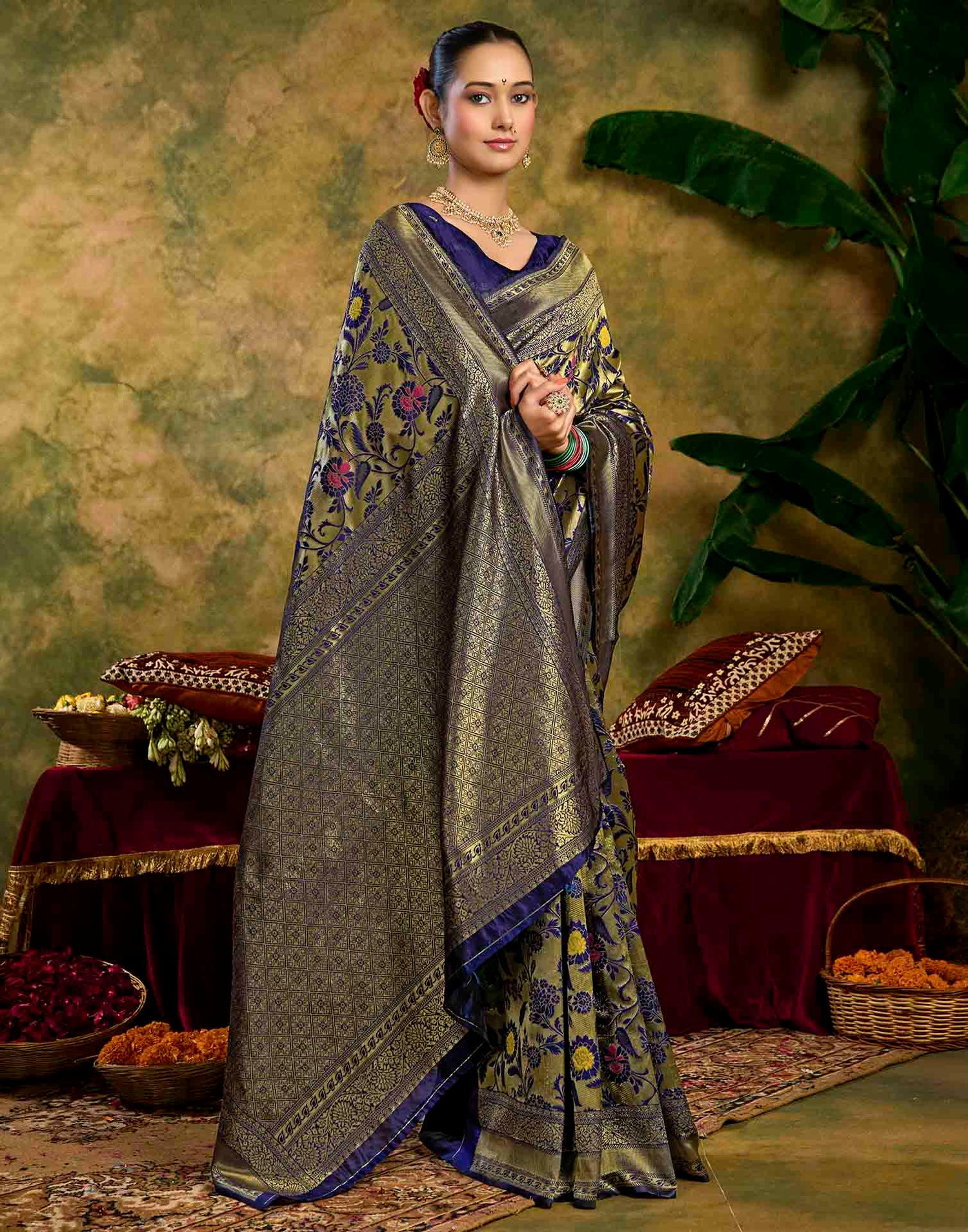 Navy Blue Silk Woven Banarasi Saree