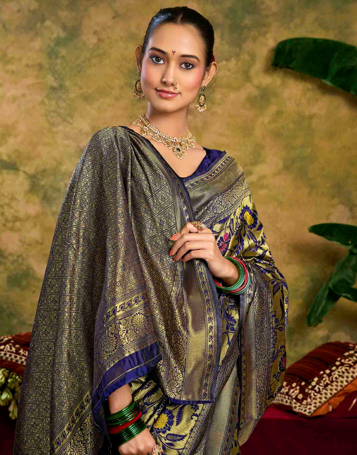 Navy Blue Silk Woven Banarasi Saree