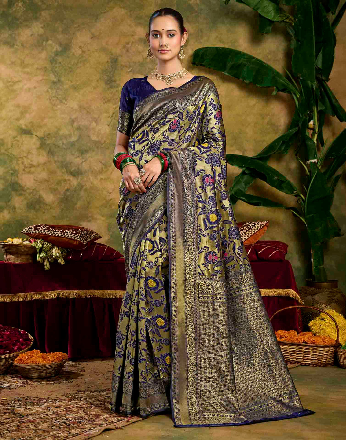 Navy Blue Silk Woven Banarasi Saree