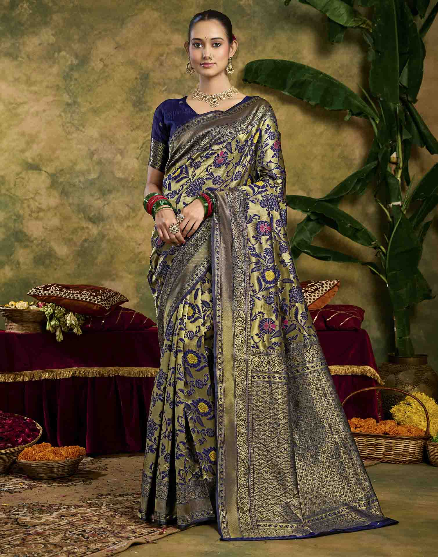 Navy Blue Silk Woven Banarasi Saree