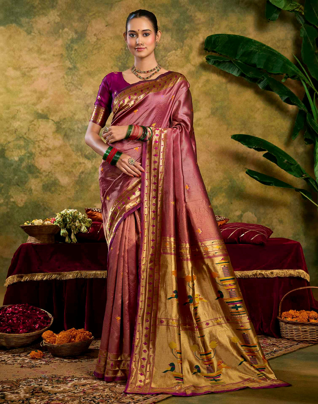 Dusty Rose Pink Silk Woven Paithani Saree