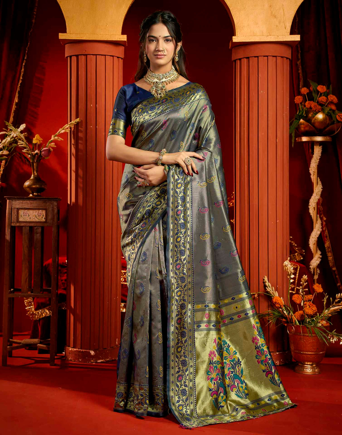 Navy Blue Silk Woven Paithani Saree