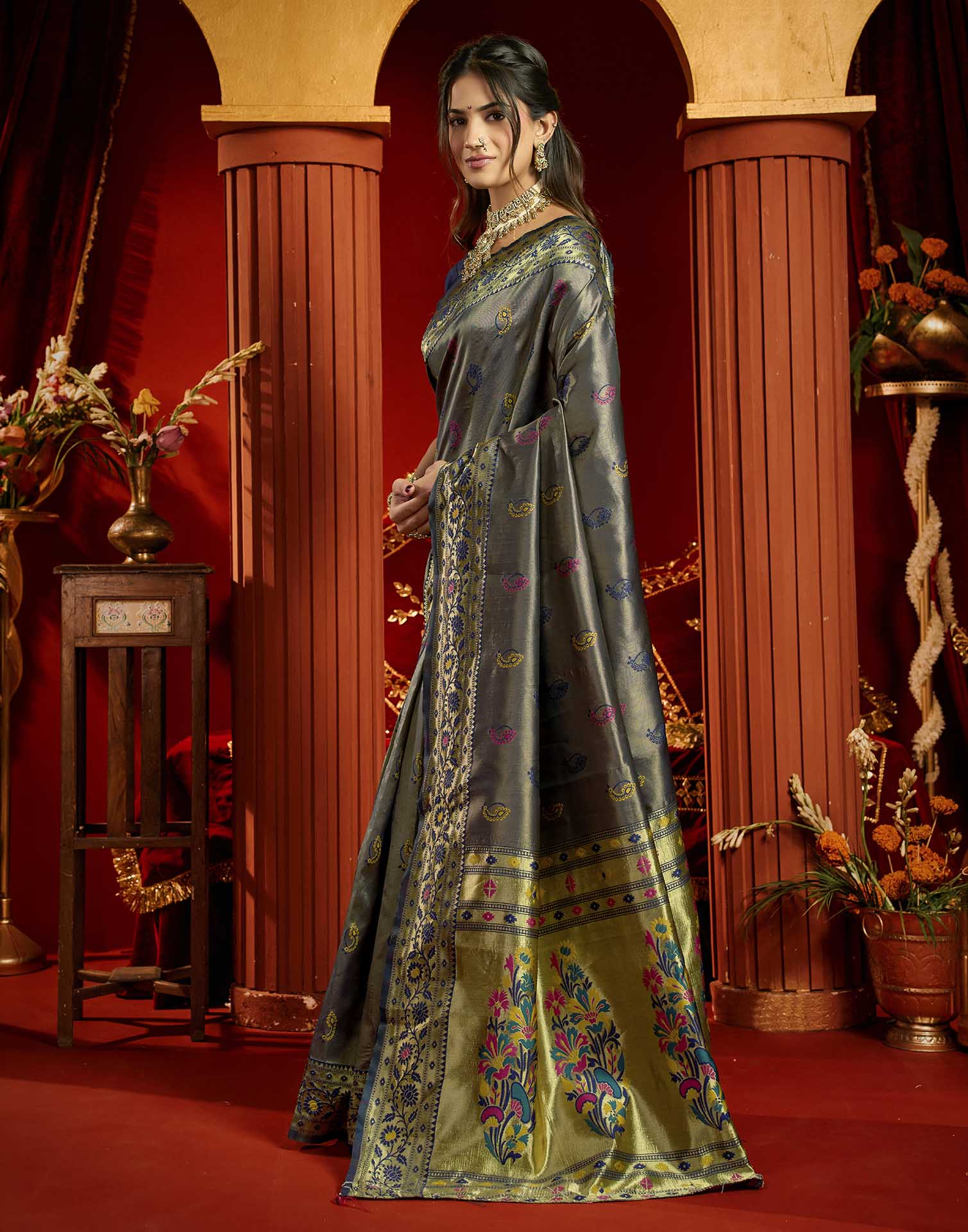 Navy Blue Silk Woven Paithani Saree