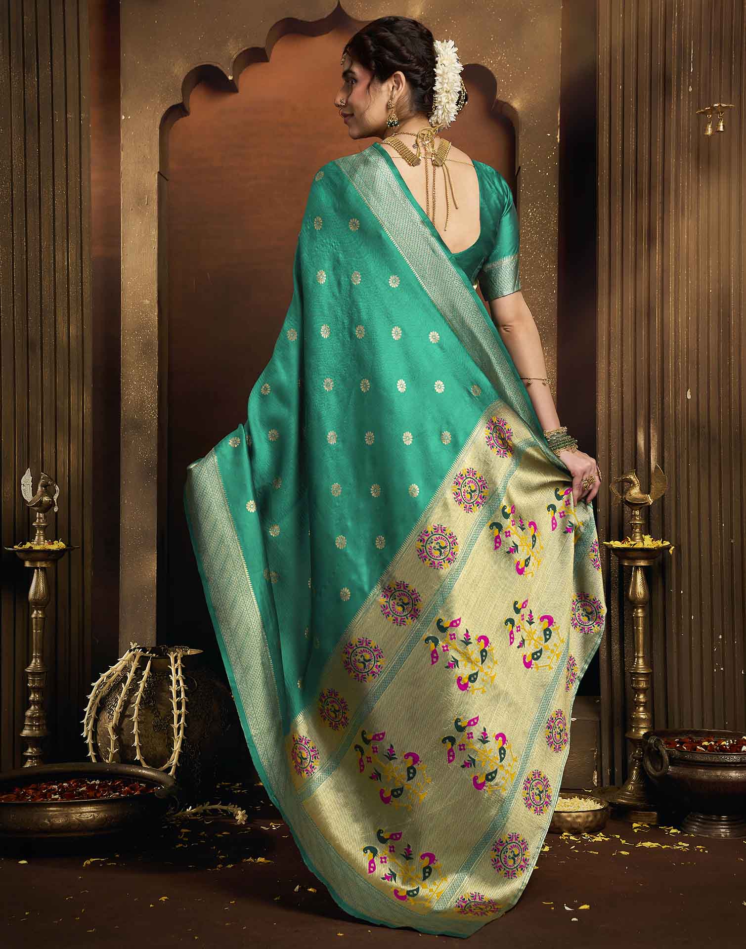 Turquoise Silk Woven Paithani Saree