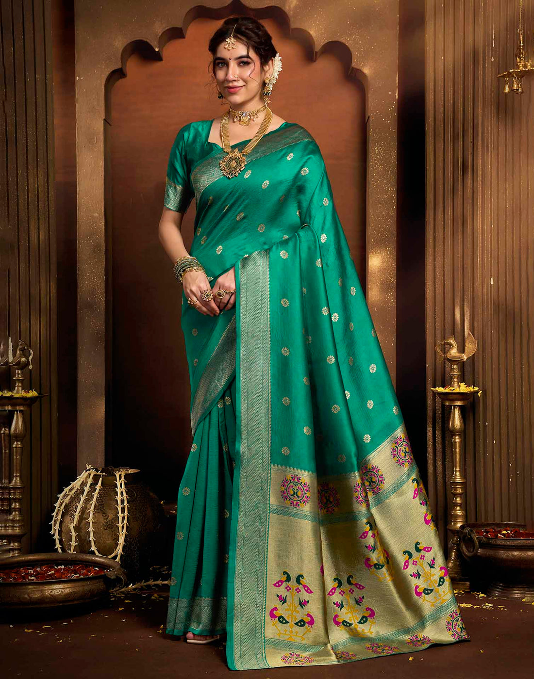 Turquoise Silk Woven Paithani Saree