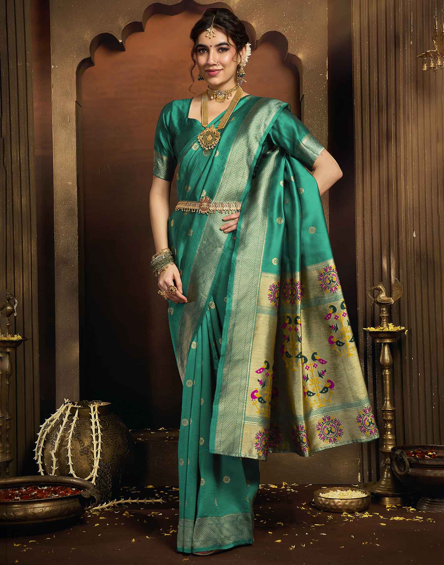 Turquoise Silk Woven Paithani Saree