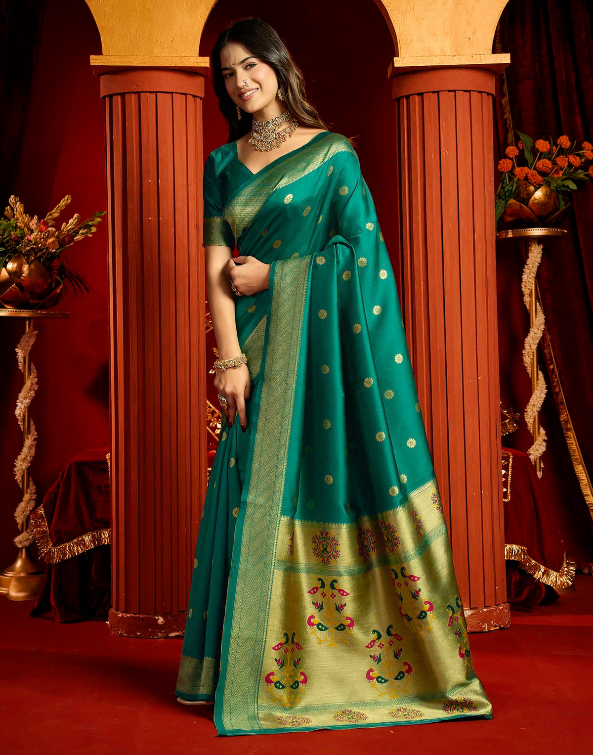 Teal Blue Silk Woven Paithani Saree