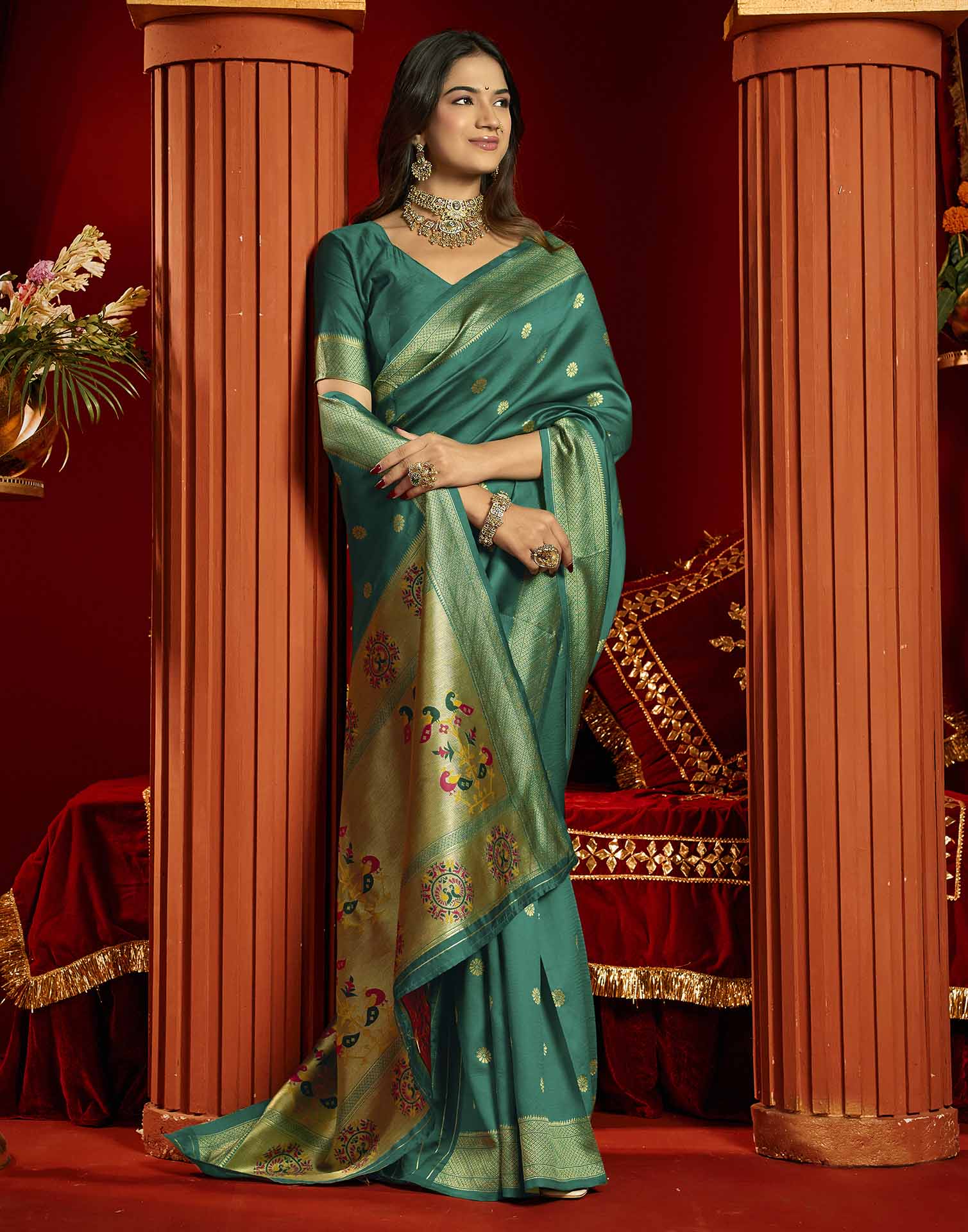 Teal Blue Silk Woven Paithani Saree