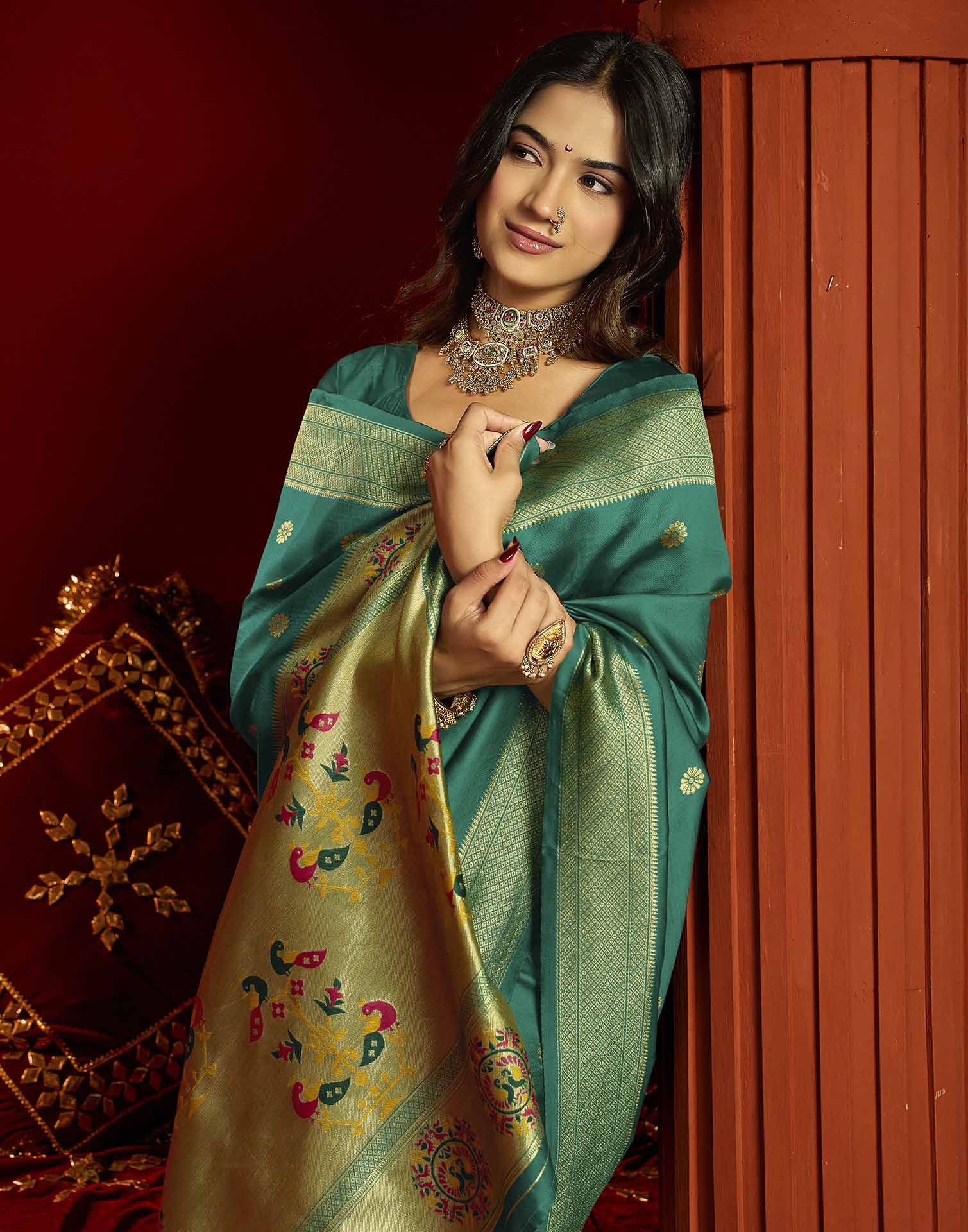 Teal Blue Silk Woven Paithani Saree