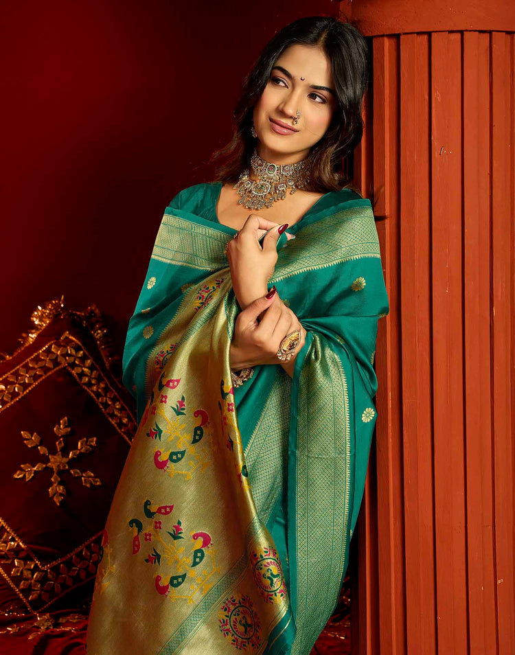 Teal Blue Silk Woven Paithani Saree