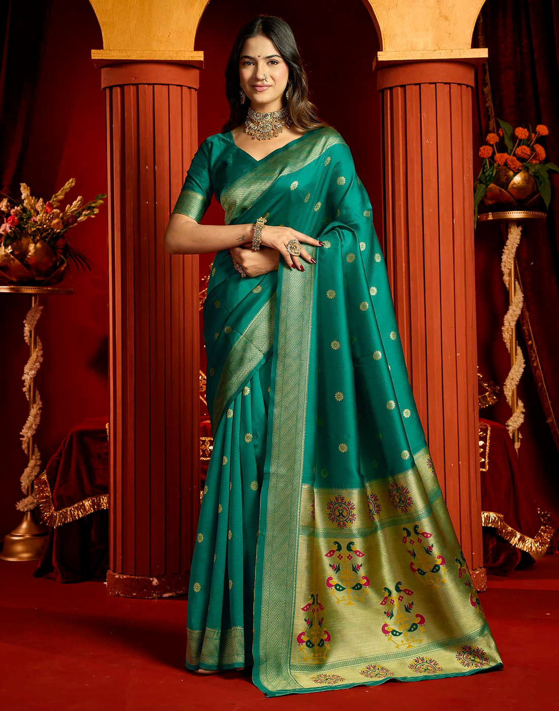 Teal Blue Silk Woven Paithani Saree