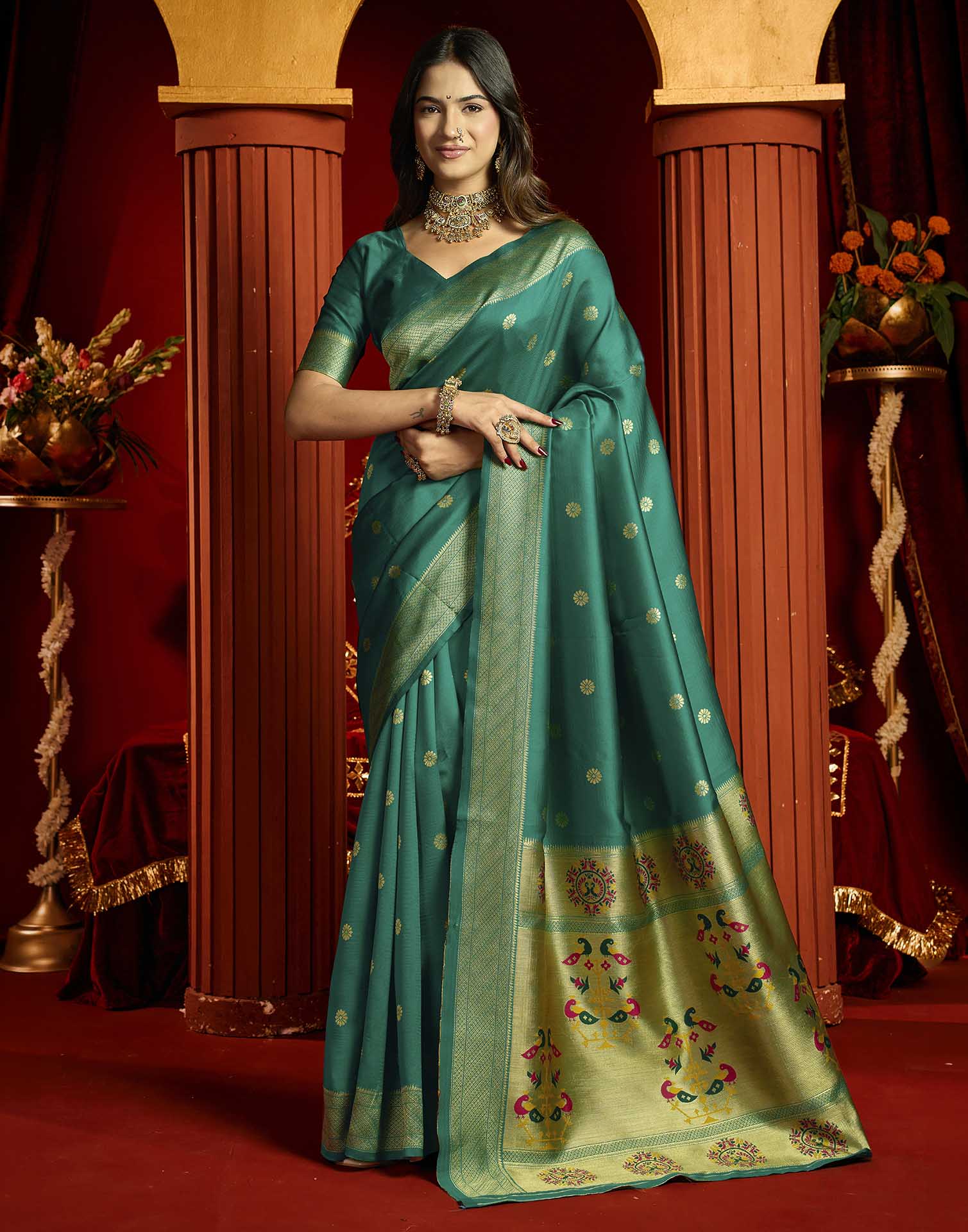 Teal Blue Silk Woven Paithani Saree