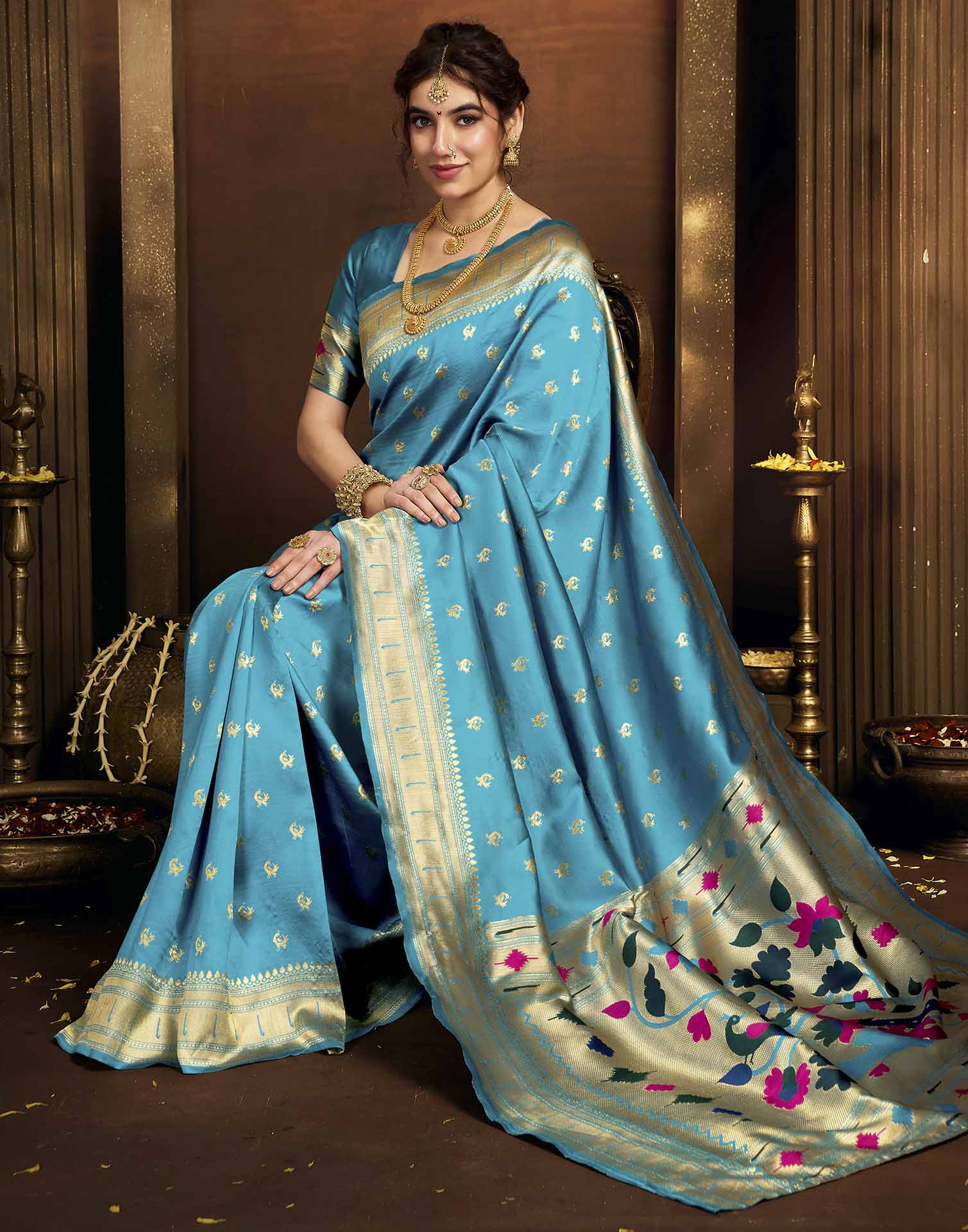 Sky Blue Silk Woven Paithani Saree