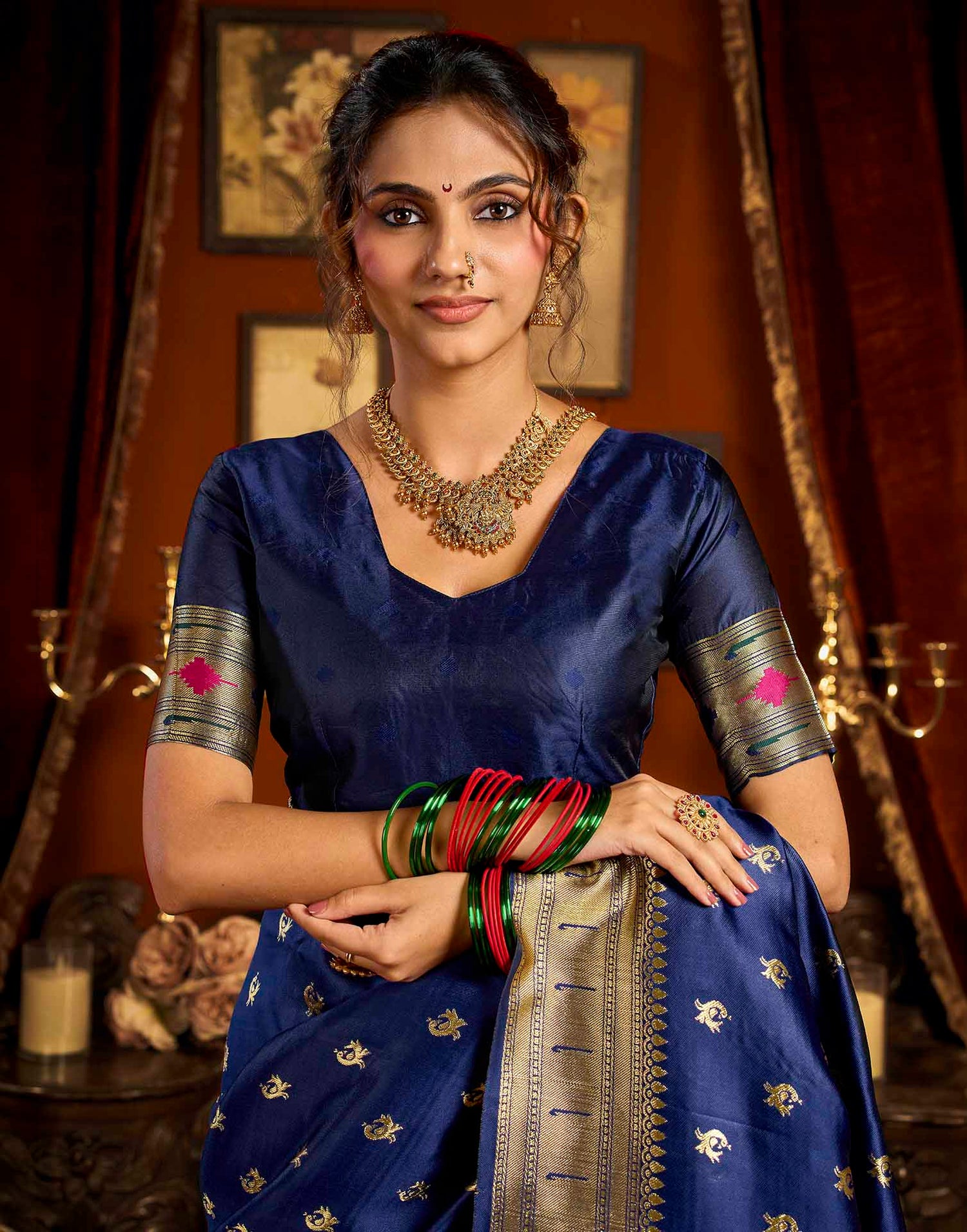 Navy Blue Silk Woven Paithani Saree