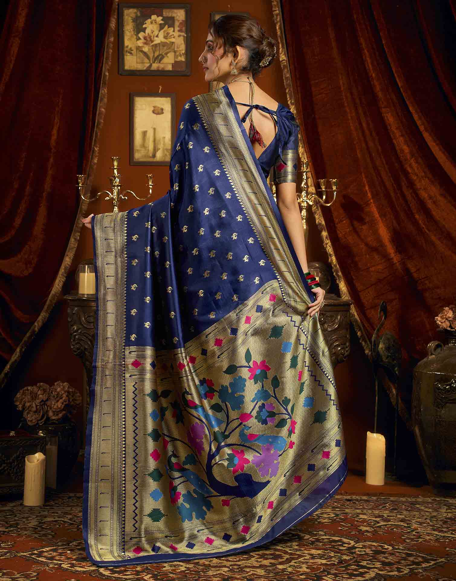 Navy Blue Silk Woven Paithani Saree
