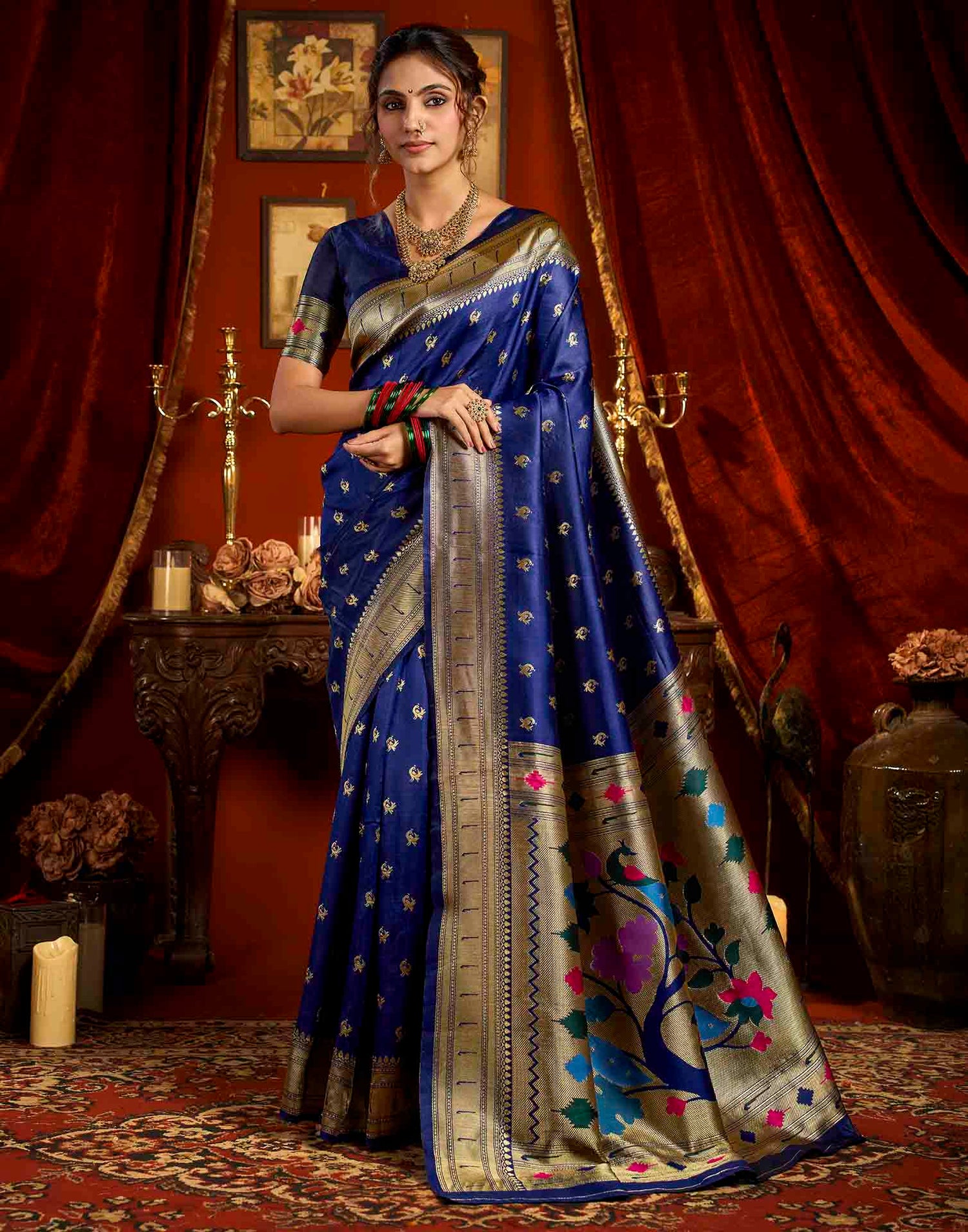 Navy Blue Silk Woven Paithani Saree