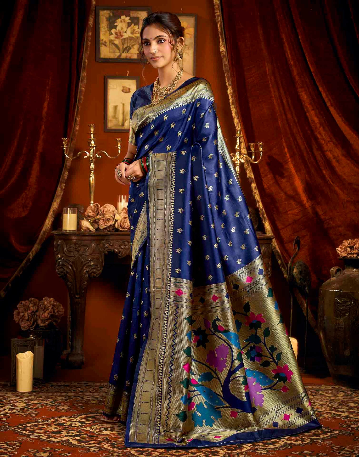Navy Blue Silk Woven Paithani Saree