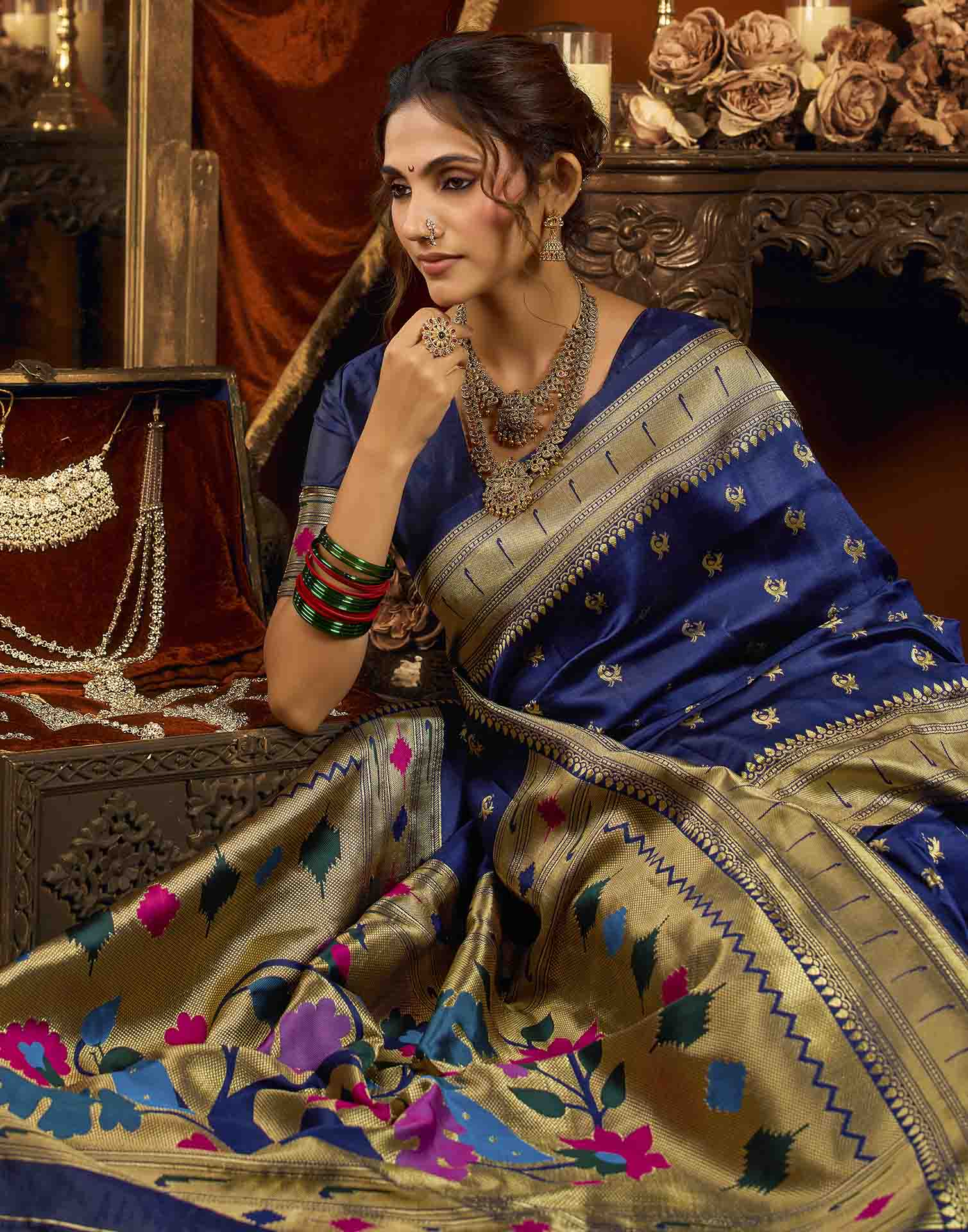 Navy Blue Silk Woven Paithani Saree