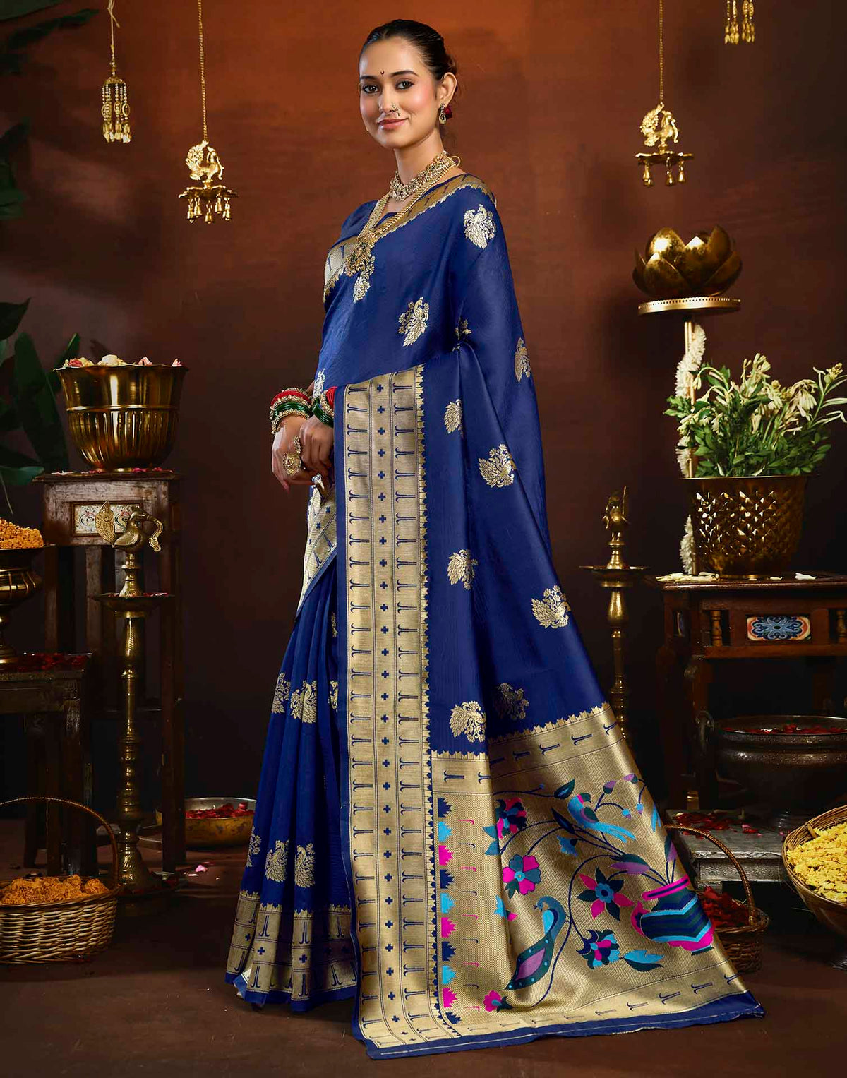 Navy Blue Silk Woven Paithani Saree