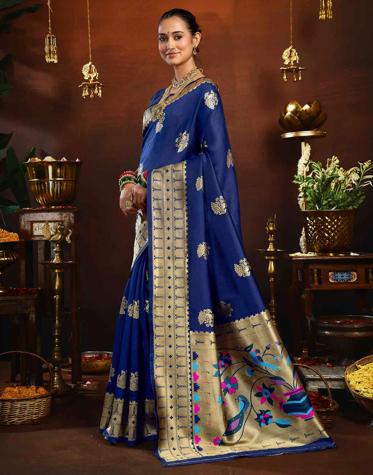 Navy Blue Silk Woven Paithani Saree