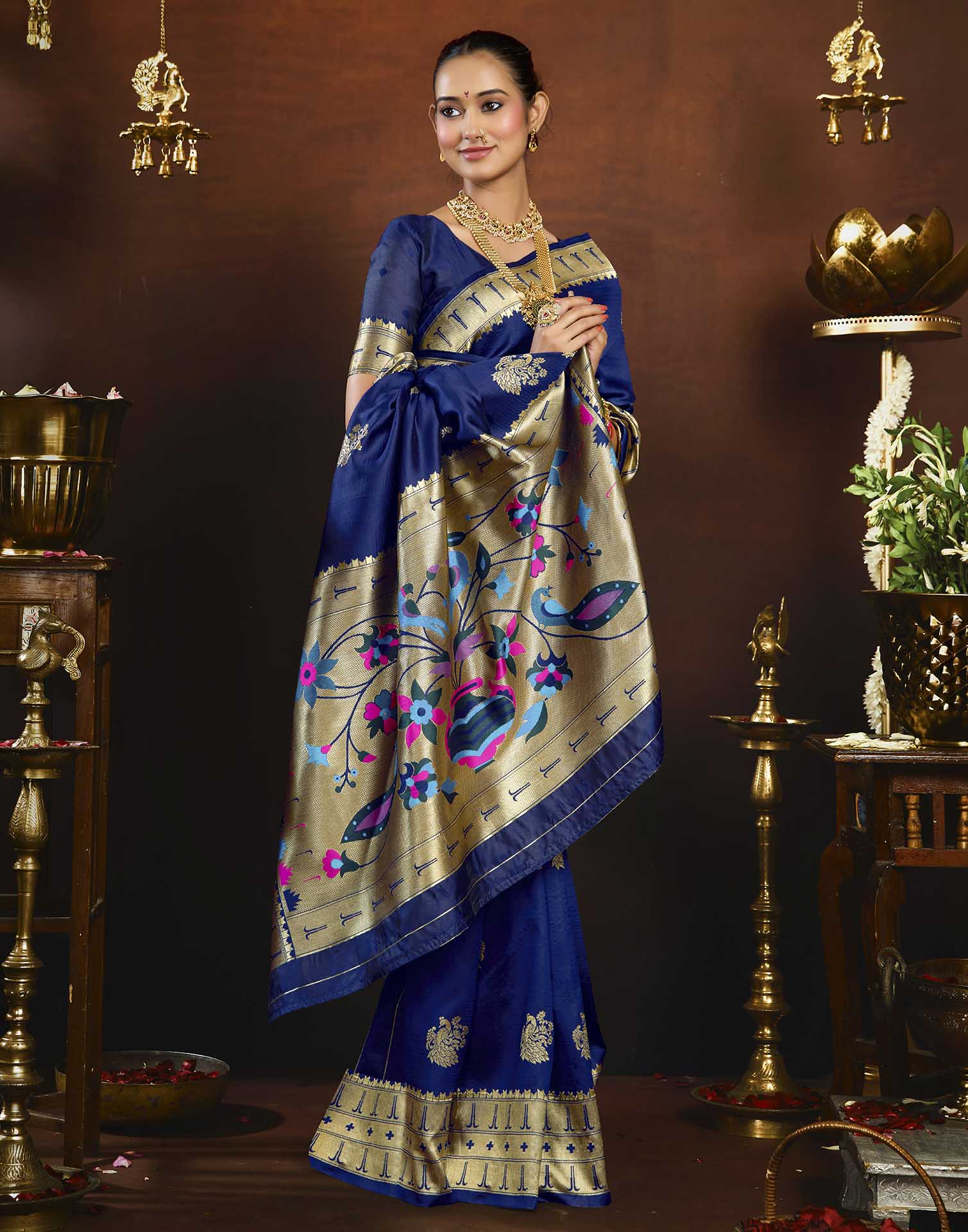 Navy Blue Silk Woven Paithani Saree