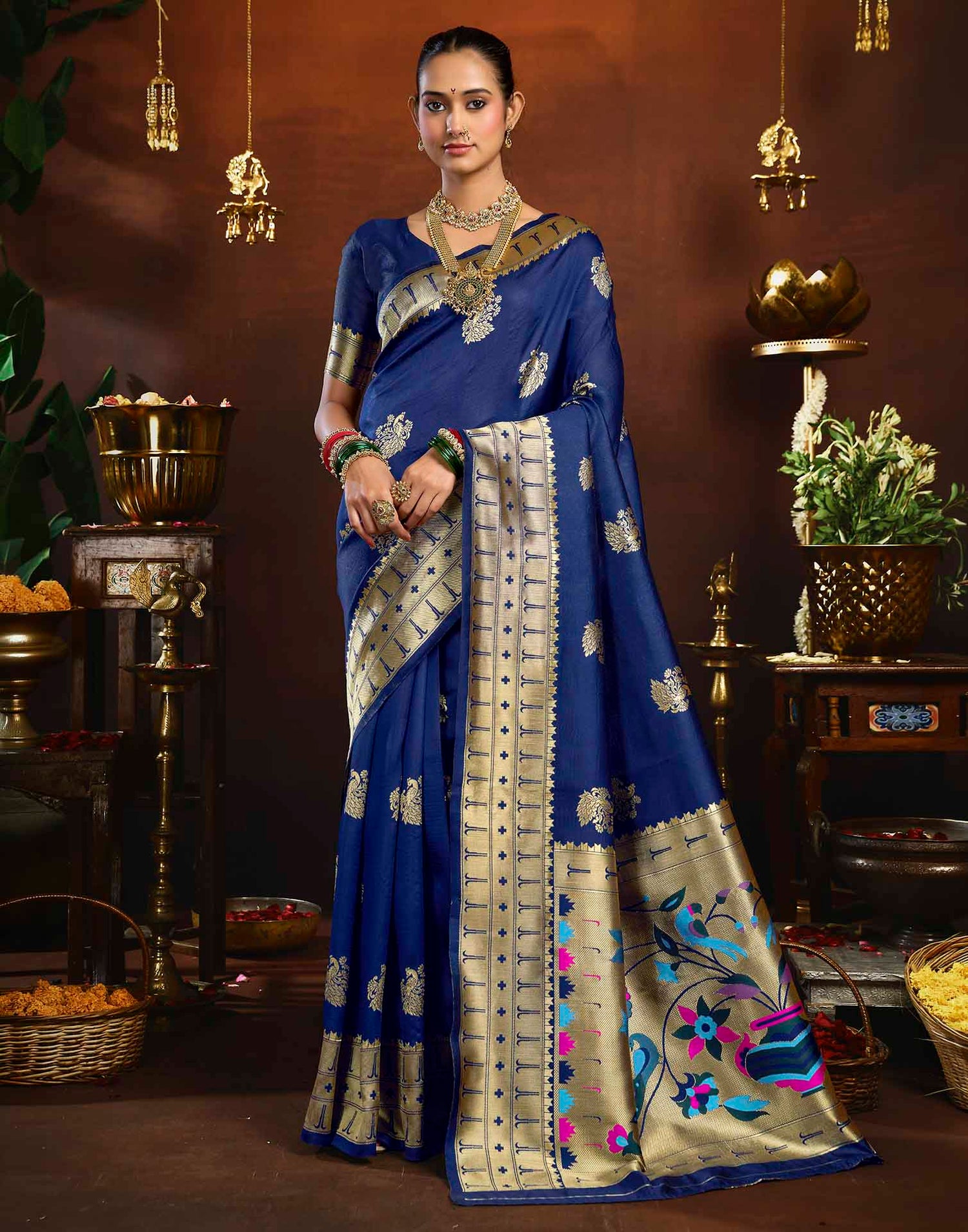Navy Blue Silk Woven Paithani Saree