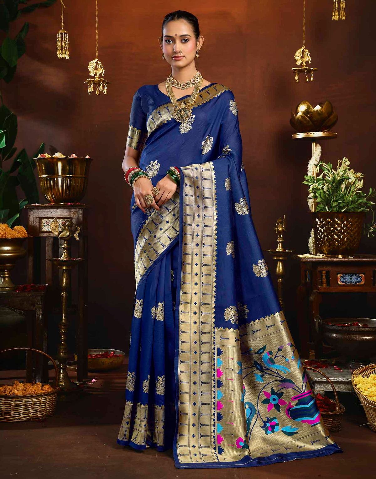 Navy Blue Silk Woven Paithani Saree