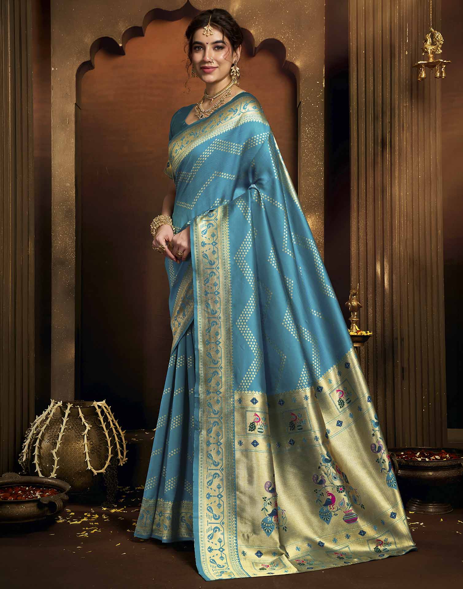Sky Blue Silk Woven Paithani Saree
