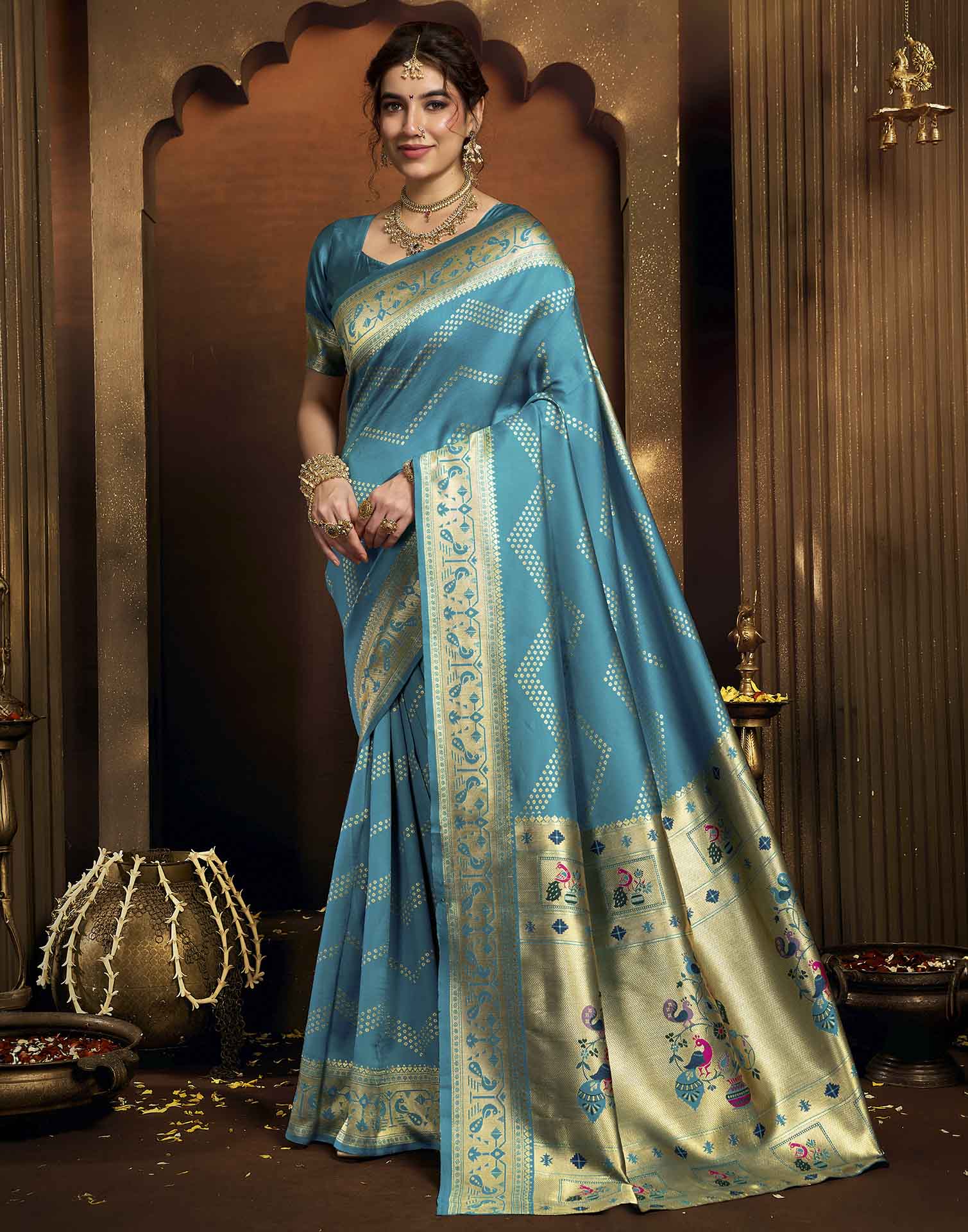 Sky Blue Silk Woven Paithani Saree