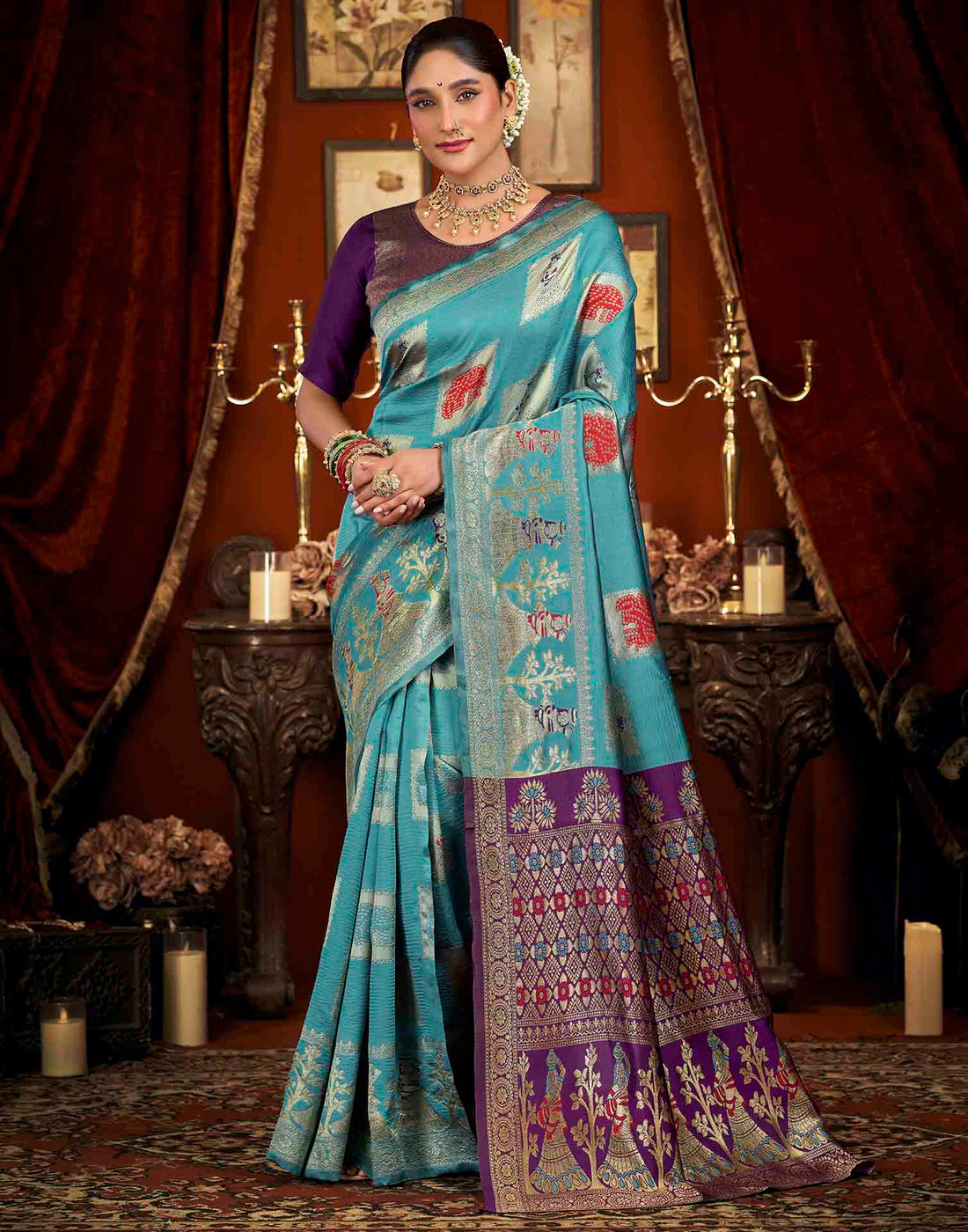 Sky Blue Silk Woven Banarasi Saree