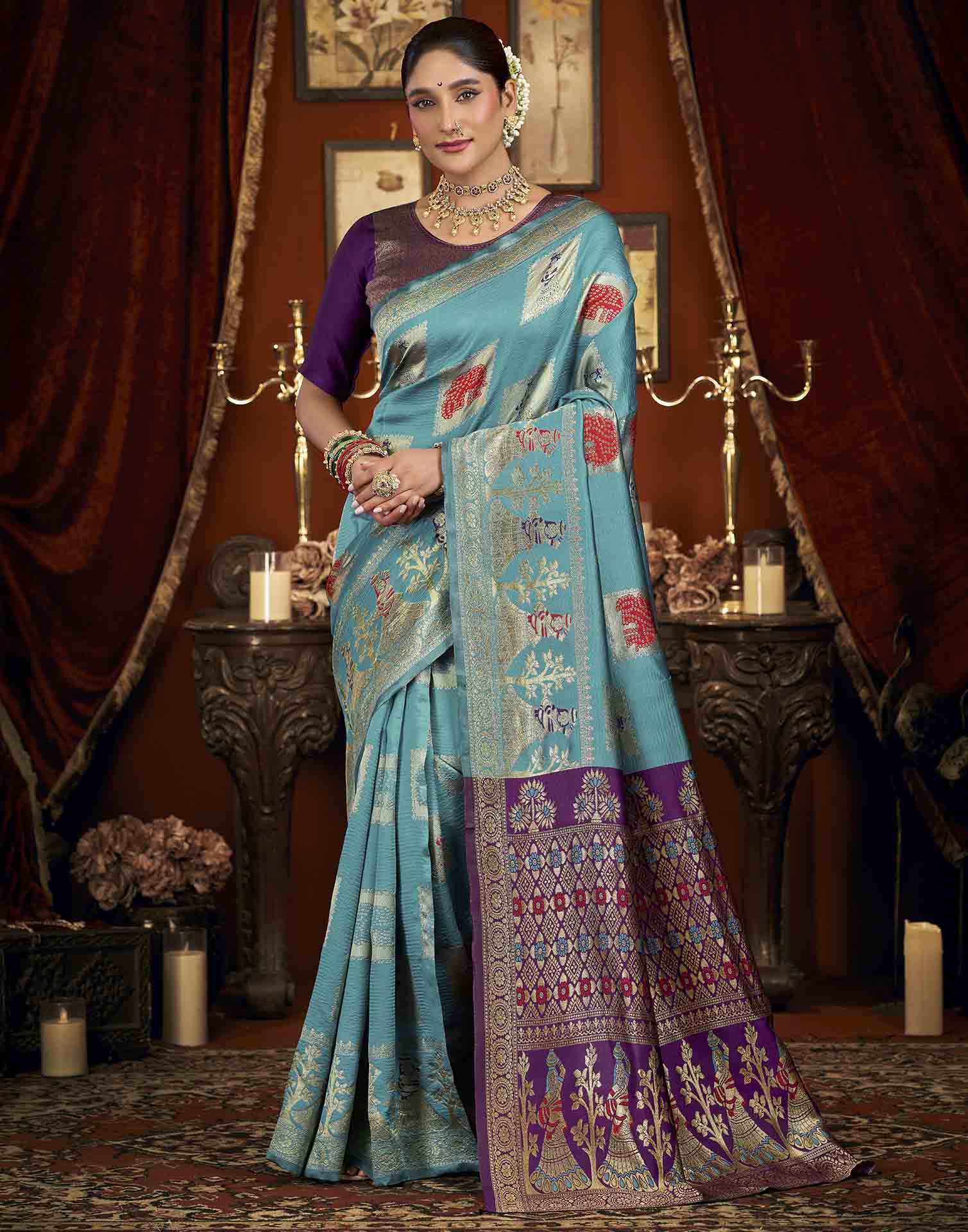 Sky Blue Silk Woven Banarasi Saree