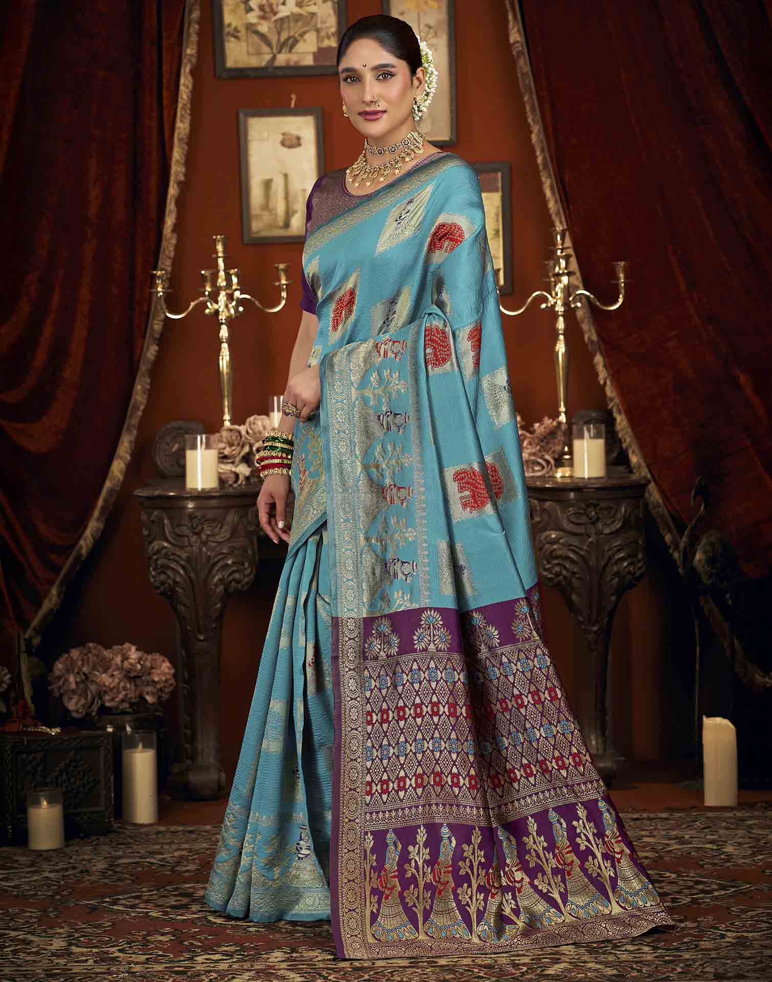 Sky Blue Silk Woven Banarasi Saree