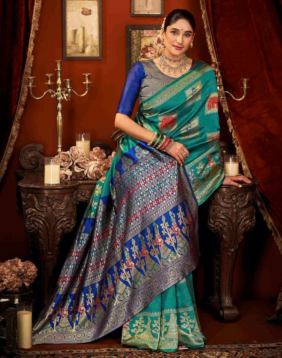 Turquoise Silk Woven Banarasi Saree