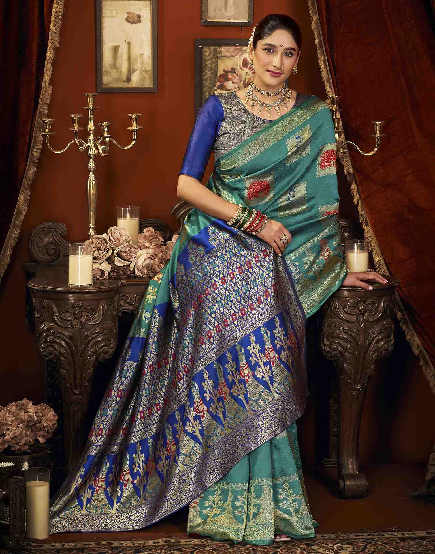 Turquoise Silk Woven Banarasi Saree