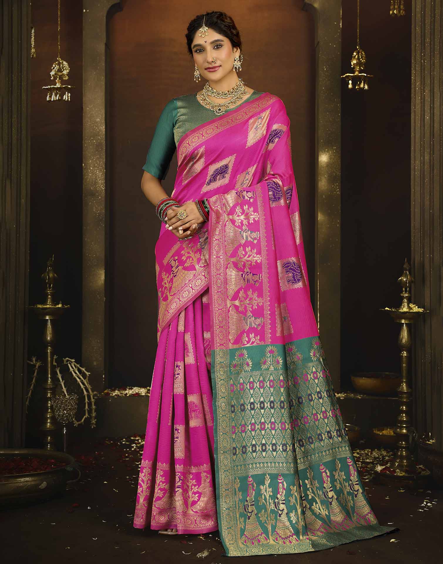 Pink Silk Woven Banarasi Saree