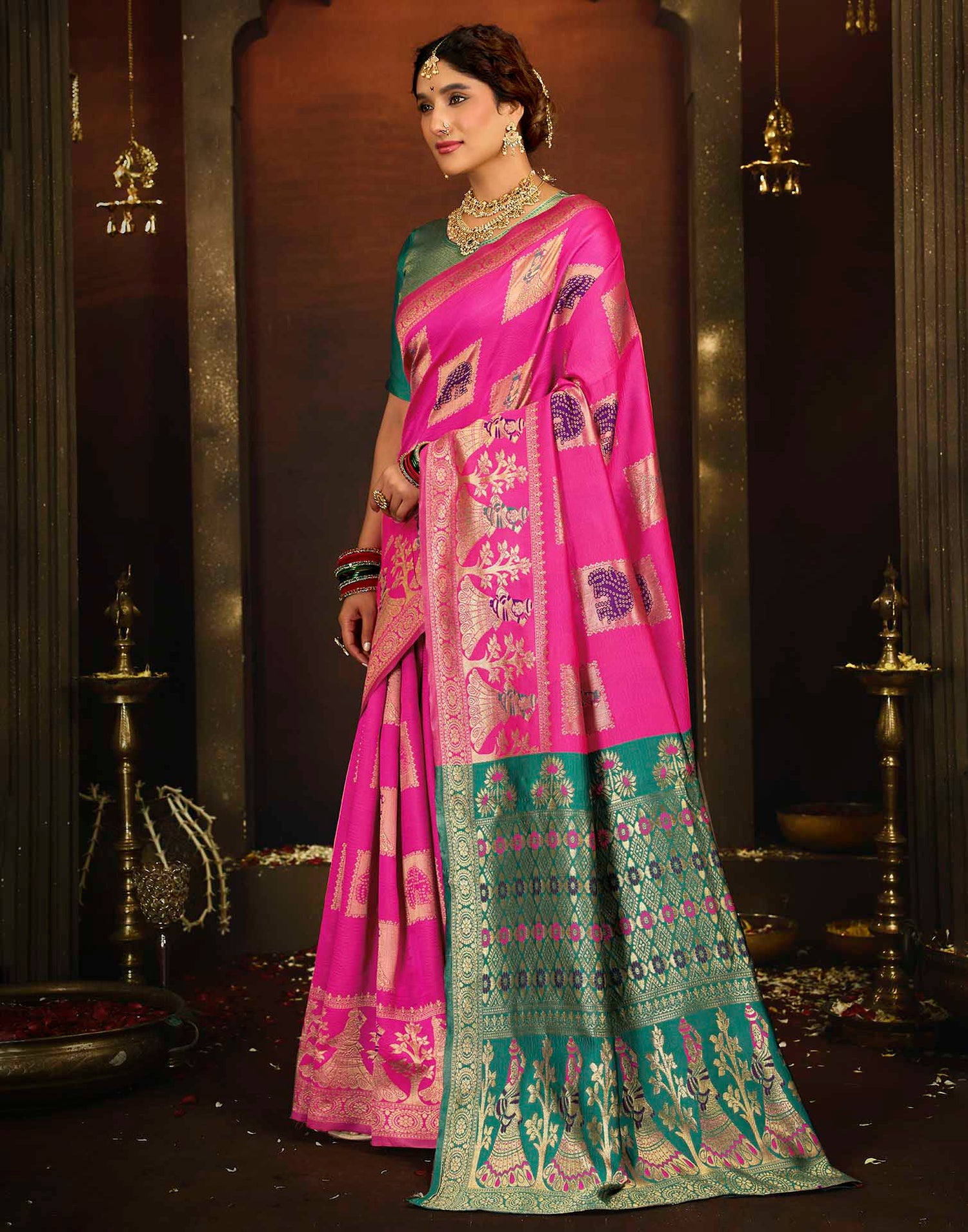 Pink Silk Woven Banarasi Saree