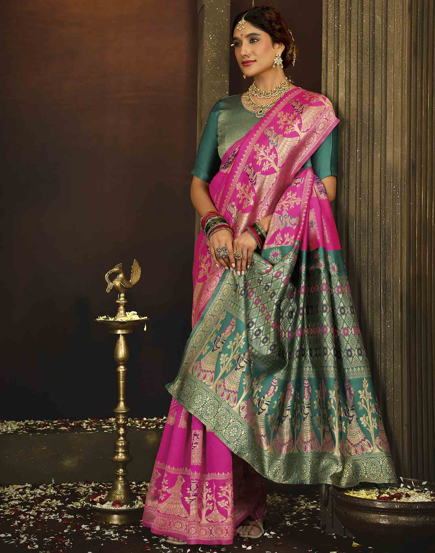 Pink Silk Woven Banarasi Saree